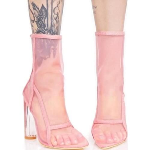 Summer Gladiator Breathable Fine Mesh Pointed Toe Ankle Boots Ladies Transparent Hoof High Heels Back Zipper Bottines Women