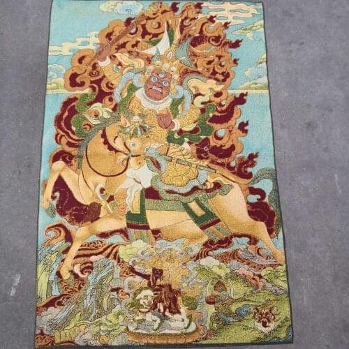 Home Decor 35" Thangka embroidery Tibetan Buddhism silk embroidery brocade Nepal King Gesar riding a horse statue
