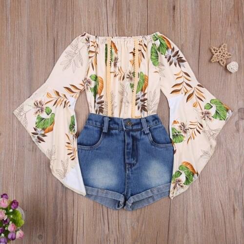 2021 Summer Girls 2Pcs Clothing Set Fashion Boat Neck Irregular Sleeve T-shirt Tops with Short Ripped Jeans Toddler Girls Suit