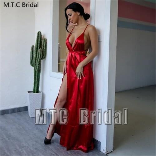 Red Sexy Backless Prom Dresses With Slit Spaghetti Strap Shiny Satin Plus Size Women Party Dress Wholesale Long Formal Gown