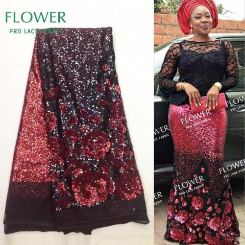 Red Flower Design Sequined Mesh Lace Fabric African Indian Guipure Net Laces 2020 Nigerian Style Wedding Dress Sequins Fabrics