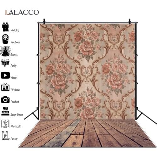Laeacco Old Vintage Flowers Pattern Damask Wooden Floor Party Decor Baby Child Portrait Photo Background Photography Backgrounds