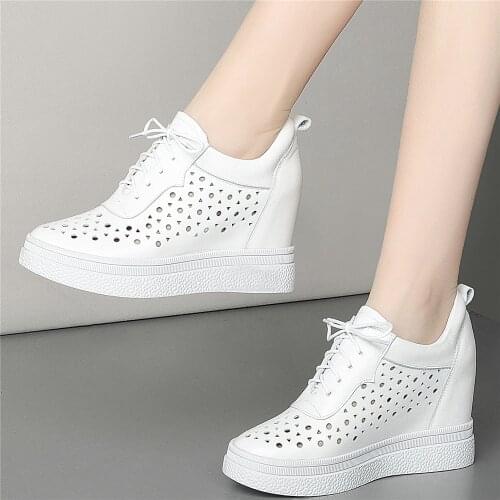 Platform Loafers Shoes Women Hollow Genuine Leather Wedges High Heel Pumps Female Summer Round Toe Fashion Sneakers Casual Shoes