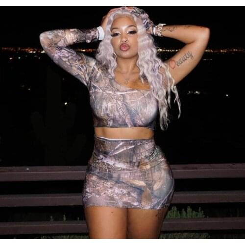 Print Two Piece Set Women Single Shoulder Skew Collar Long Sleeve Crop Top Slim Fit Mini Skirts Set Sexy Club Outfits