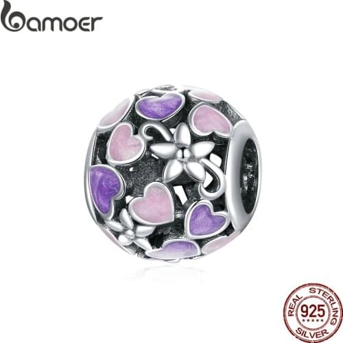 Bamoer 100% 925 Sterling Silver Enamel Heart Purple Pink Ball Round Flower Charm for Original Bracelet Bangle Jewelry SCC1798