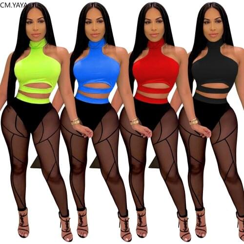 CM.YAYA Sexy Club Night Party Women Set Crop Tops Mesh See Though Sweatpant Jogger Suit Tracksuit Pants 2pcs Matching Set Outfit