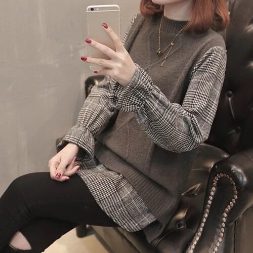 Sweaters Women 2021 New Casual Fake Two Piece Sweater Plaid Patchwork Long Sleeve Loose Pullover Sweaters Female Pullover Jumper