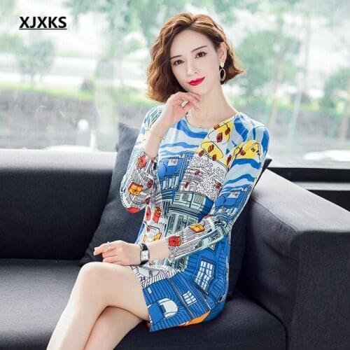 XJXKS High-end women wool knitted dress 2021 spring autumn new fashion printing women long sweater pullover