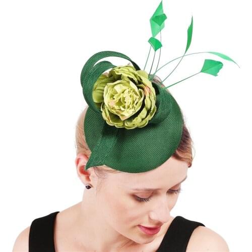 Green Bow Fedora Caps Feather Hair Clips Fascinators Church Party Hats Women Elegant Lady Headwear Decoration Headdress XMF352