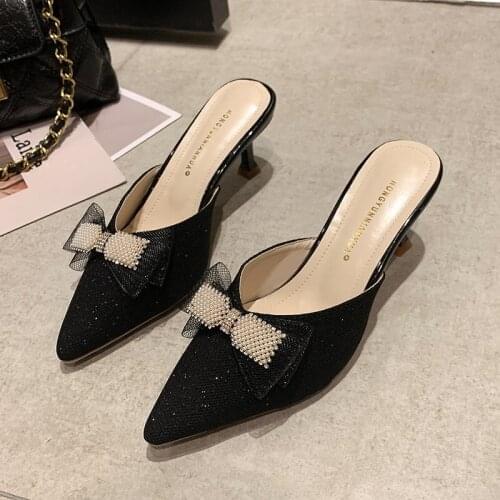 2021 Luxury Sequined Bow Pointed Toe Mules Shoes Women Slippers Crystal Butterfly-knot Flip Flops Sequines Slip On Slides AC965