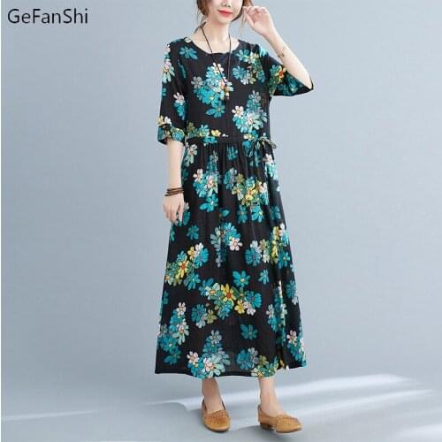 Casual Loose Short Sleeve Floral Vintage Dress Elegant Ladies Fashion Women Summer Dresses Cotton Linen Clothes 2021