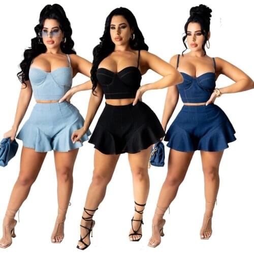 ZKYZWX 2 Piece Jeans Outfits Off Shoulder Crop Top Mini Dress Shorts Suit for Women Sexy Summer Vacation Outfits Matching Sets
