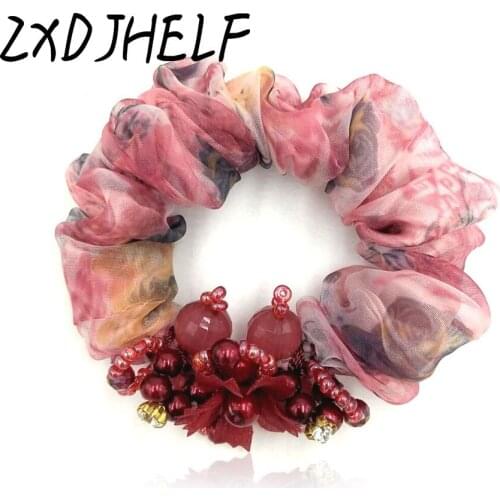 ZXDJHELF Classic Painted Silk Satin Elastic Hair Bands Crystal Beads Hair Accessories For Women Scrunchies Ponytail Holders F515