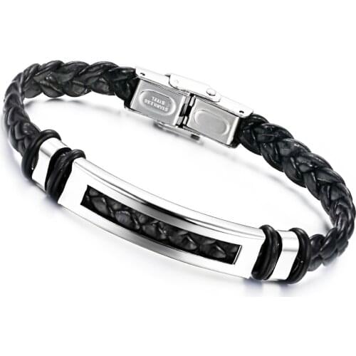 Cyue European Fashion Punk Retro Black Braided PU Leather Bracelet Stainless Steel Charm Wristbands For Men Jewelry