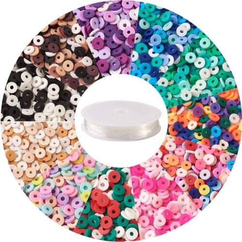 1 Set 6mm Handmade Multicolor Flat Round Disc Polymer Clay Heishi Beads Spacers with Elastic Crystal Thread for Jewelry Making