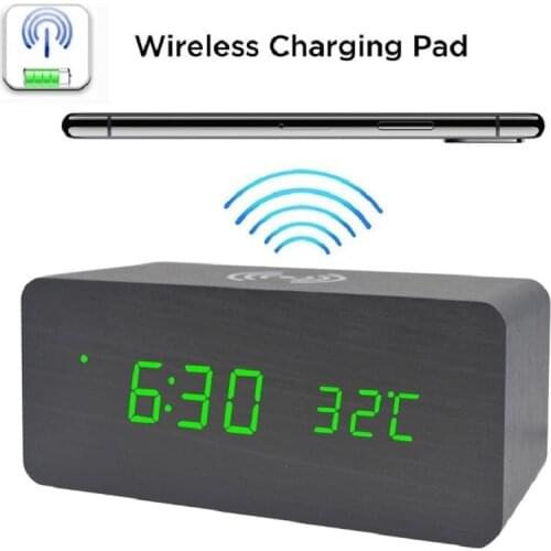 Electric Wood LED Clock Tabletop Temperature Calendar Smart Alarm Clock Wireless Charger Reveille Morning Numerical Despertador