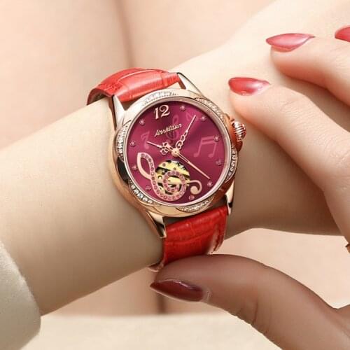 Female Full Automatic Mechanical Watch Steel Belt Simple Fashion Hollow Note Inlaid with Diamond Style Waterproof Womens Watch