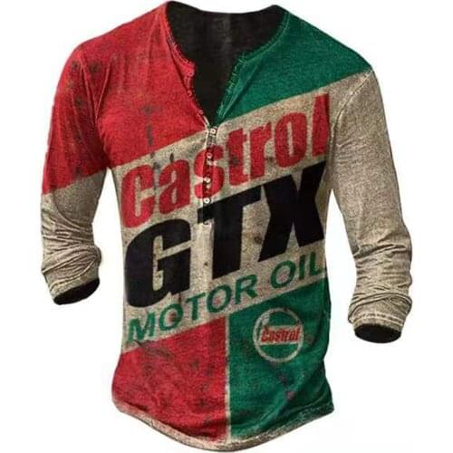 Mens T-shirt Slim Vintage Buttons Long Sleeve Summer New Fashion Harajuku Ethnic Letters Print T Shirts Men Camiseta Mujer