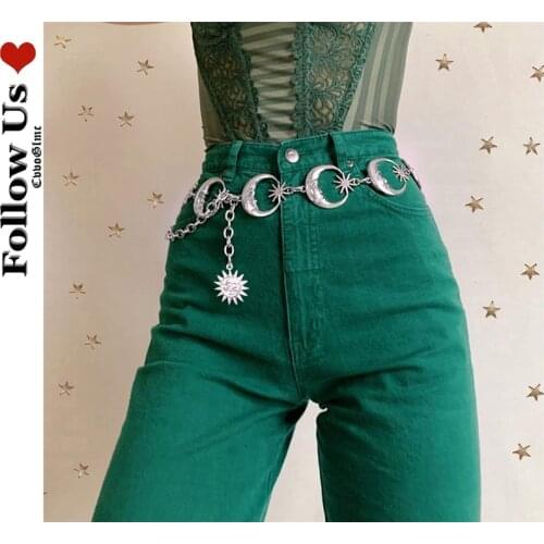 Gothic Chain Belt Women Harajuku Moon Belt Streetwear Punk Metal Vintage High Waist Chain Pendant Chain Belt Female Party