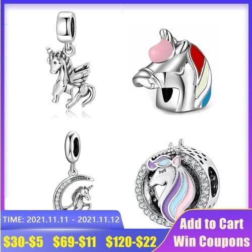 Fashion Clear zircon unicorn 925 Sterling Silver round fine metal jewelry beads Fit Original europeu Charms Bracelets making