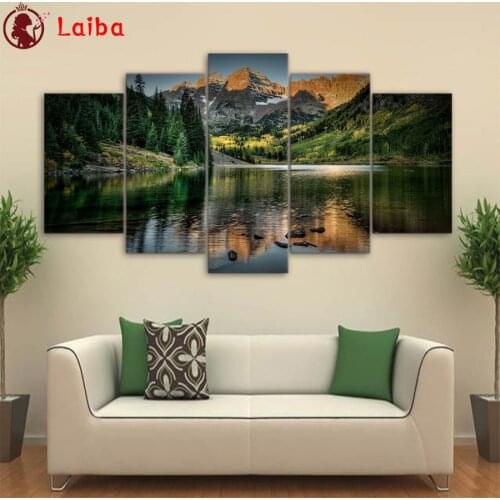 Full square Round drill Diamond embroidery Natural scenery, mountains and river banks 5D DIY diamond Painting Mosaic puzzle5pcs