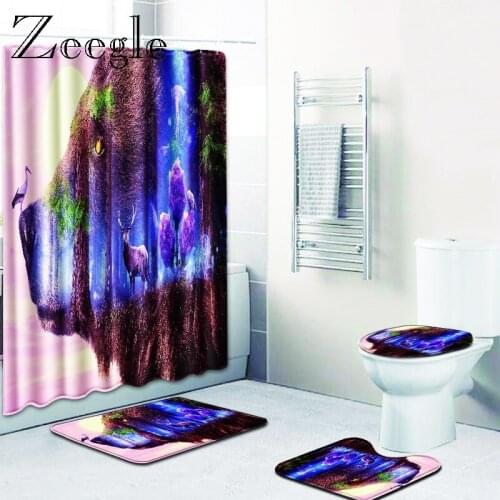 Zeegle 4Pcs Anti Slip Bathroom Rug Set Bathroom Mat Set with Shower Curtain Pedestal Rug Lid Toilet Cover Absorption Bath Mat