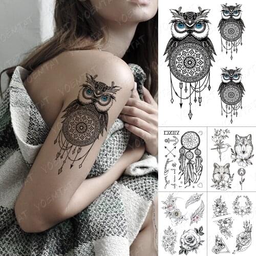 Waterproof Temporary Tattoo Sticker Blue Eye Owl Dream Catcher Flash Tattoos Wolf Rose Fox Body Art Arm Leg Fake Tatoo Women Men
