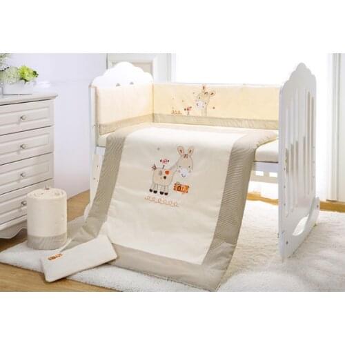 Promotion! 7PCS embroidered Baby bedding set Crib bedding set Quilt Bumper,(2bumper+duvet+sheet+pillow)