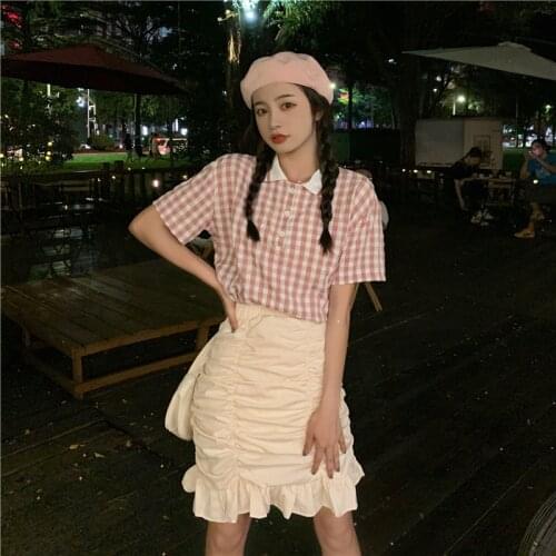 Shirt Female Plaid Short-sleeved Shirt Female Design Sense Niche Summer New Korean Style Slim Slim Top