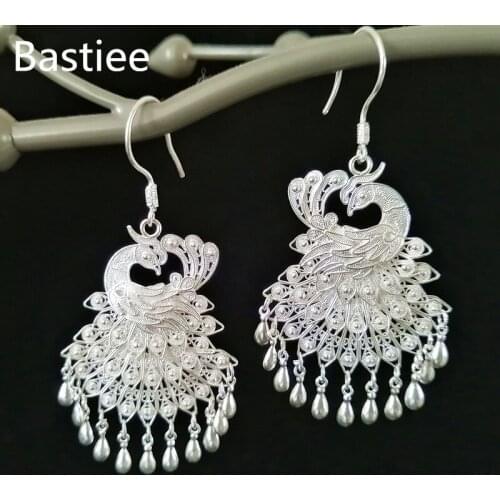 Bastiee Women 999 Silver Earrings Big Peacock Tassel Earrings Luxury Jewelry Hmong Handmade Jeweler Dangle Drop Vintage Ethnic