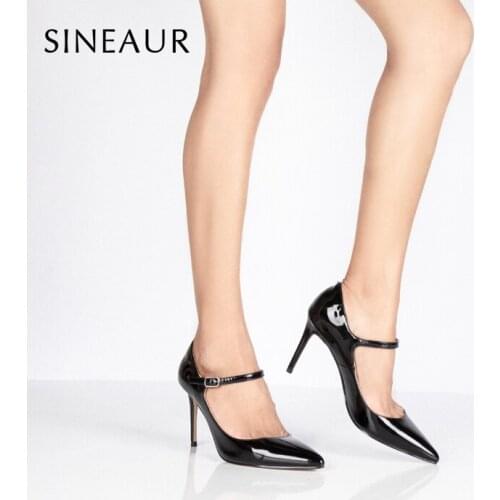 SINEAUR Women Shoes 2021 S/S Fashion Super High-heel Thin Heels PU Pointed Toe Strap Mary Jane Fashion Pumps Plus Size 35-45