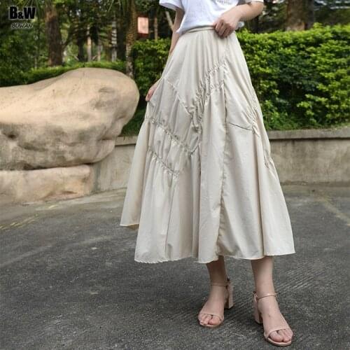 Women Summer Solid Color Irregular Cotton Skirt Elastic High Waist Large Swing A-line Joker Long Pleated Skirt Lolita