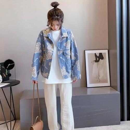 Women Fashion Casual Printing Bear Denim Coat 2021 Spring Autumn New Loose Korean Jackets Big Size Cute Style Female Outwear