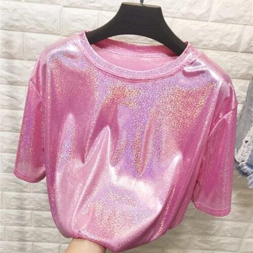 B3890 2021 Summer new women fashion casual loose round neck and sparkly reflective short-sleeved T-shirt trend cheap wholesale