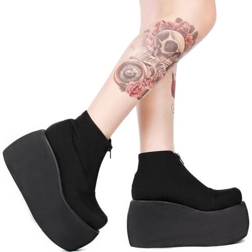 Japanese Punk Lady 10Cm Wedges Heel Boots Zipper Platform Creepers Shoes Harajuku Dark JK Womens Zipper Punk Black New 2021