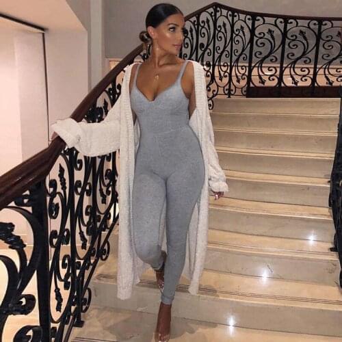2020 Sleeveless Jumpsuit Women Sexy V-Neck Backless Bodycon Summer Straps Playsuits Women Casual Club Jumpsuits Solid Color New