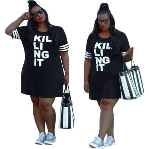 5 XL Plus Size Womens Clothing Personality Letter Printing Fashion Round Neck Casual Solid Color One Step Dress Dropshipping