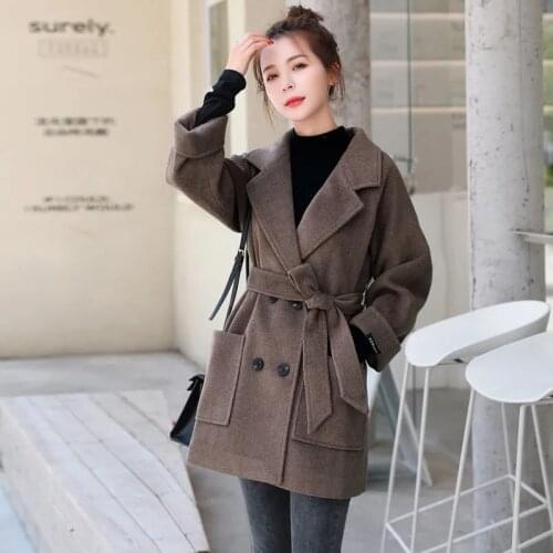 Woolen Coat Women 2021 Autumn Winter New Korean Fashion Double Breasted Mid-Long Women Basic Coats Adiustable Waist Black 476
