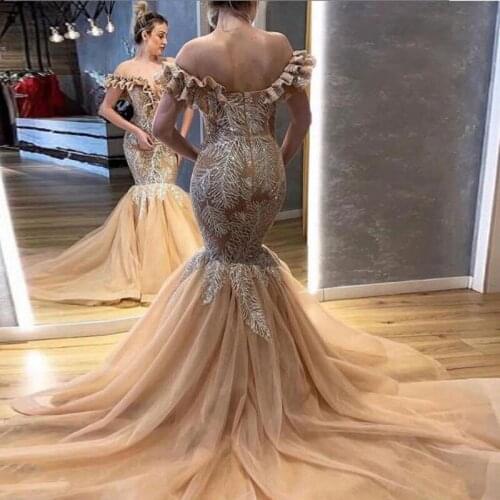 Champagne Off The Shoulder Mermaid Prom Dresses White Appliques Zipper Back Evening Gowns Sweep Train Arabia Robe De Soiree