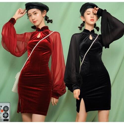2020 Oriental Dress Puffy Sleeves Retro Bodycon Dress Mini Traditional Chinese Dress Qipao Asian Streetwear Cheongsam FF2887
