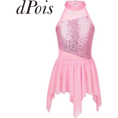 Kids Girls Sequins Ballet Dress Gymnasrics Leotard Irregular Figure Skating Dress For Girls Children Lyrical Solo Dance Wear