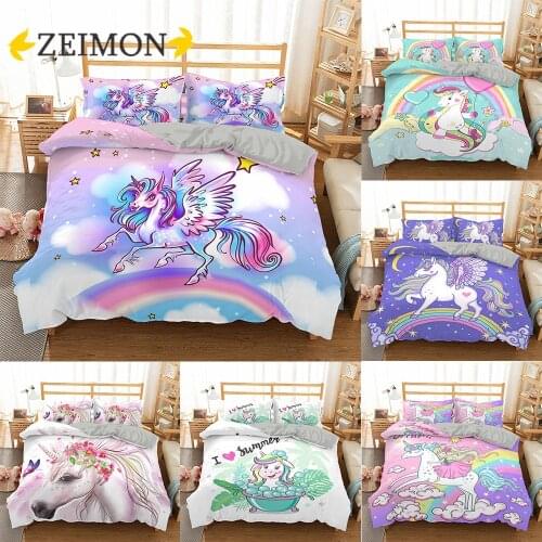 ZEIMON 3D Cartoon Unicorn Bedding Set Girl Boy Kid Quilt/Duvet Cover Set Twin Full Queen King Bed Cover Set Bedclothes