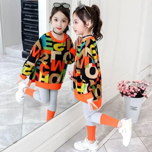 New Spring and Autumn Childrens Boutique Clothing Girl Fashion Letter Print Top Solid Color Cotton Pants Hip-Hop Sports Suit