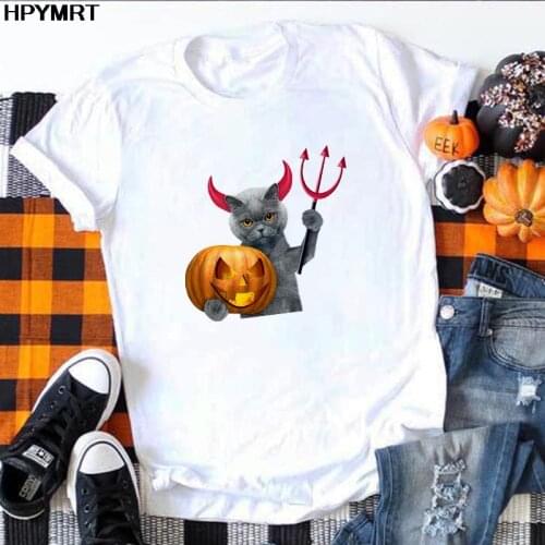 New Women T Shirt Cat and Pumpkin Printing T-shirt Female Casual Tops Short Sleeve Harajuku Tshirt Halloween Tops Tee Clothing