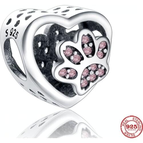New Original Silver Color Pink Dog Paw diy Bead Fit European Pandora Charms Bracelet Bangles Diy Jewelry P365