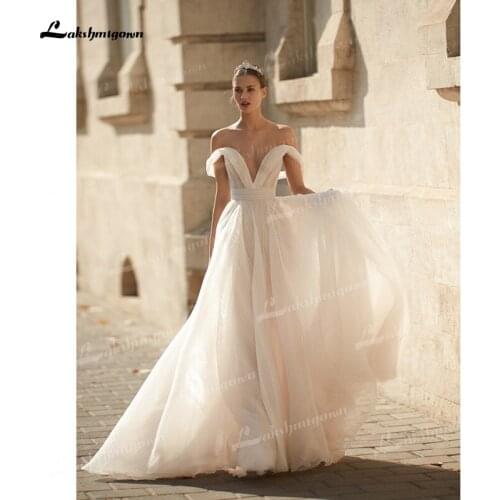 Charming Tulle A-Line Wedding Dresses Sexy Low V-Neck Off The Shoulder Puff Three Quarter Sleeve Backless Sweep Train Bride Gown