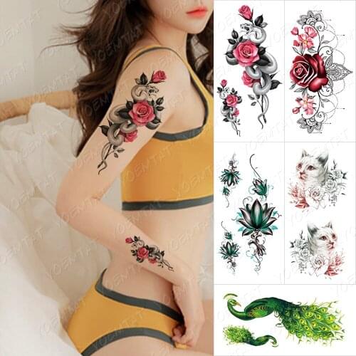 Waterproof Temporary Tattoo Sticker For Adult Peacock Cat Flowers Tattoos Snake Rose Dragon Body Art Arm Fake Sleeve Tatoo Women