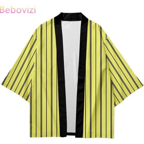 Plus Size 6XL Yellow Blue Orange Stripe Beach Japanese Style Kimono Streetwear Men Women Cardigan Haori Yukata Tops Robe Clothes
