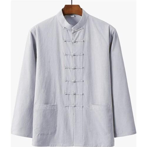Retro Man Chinese Traditional Hanfu Shirt Solid Casual Kung Fu Uniforms Linen Cotton Tang Suit Male Long Sleeve Tai Chi Shirts