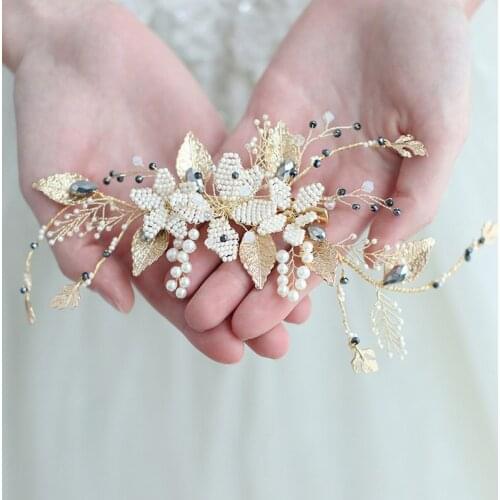 Handmade Gold Leaf Women Headpiece Pearls Wedding Hair Jewelry Comb Beaded Bridal Jewelry Hair Piece